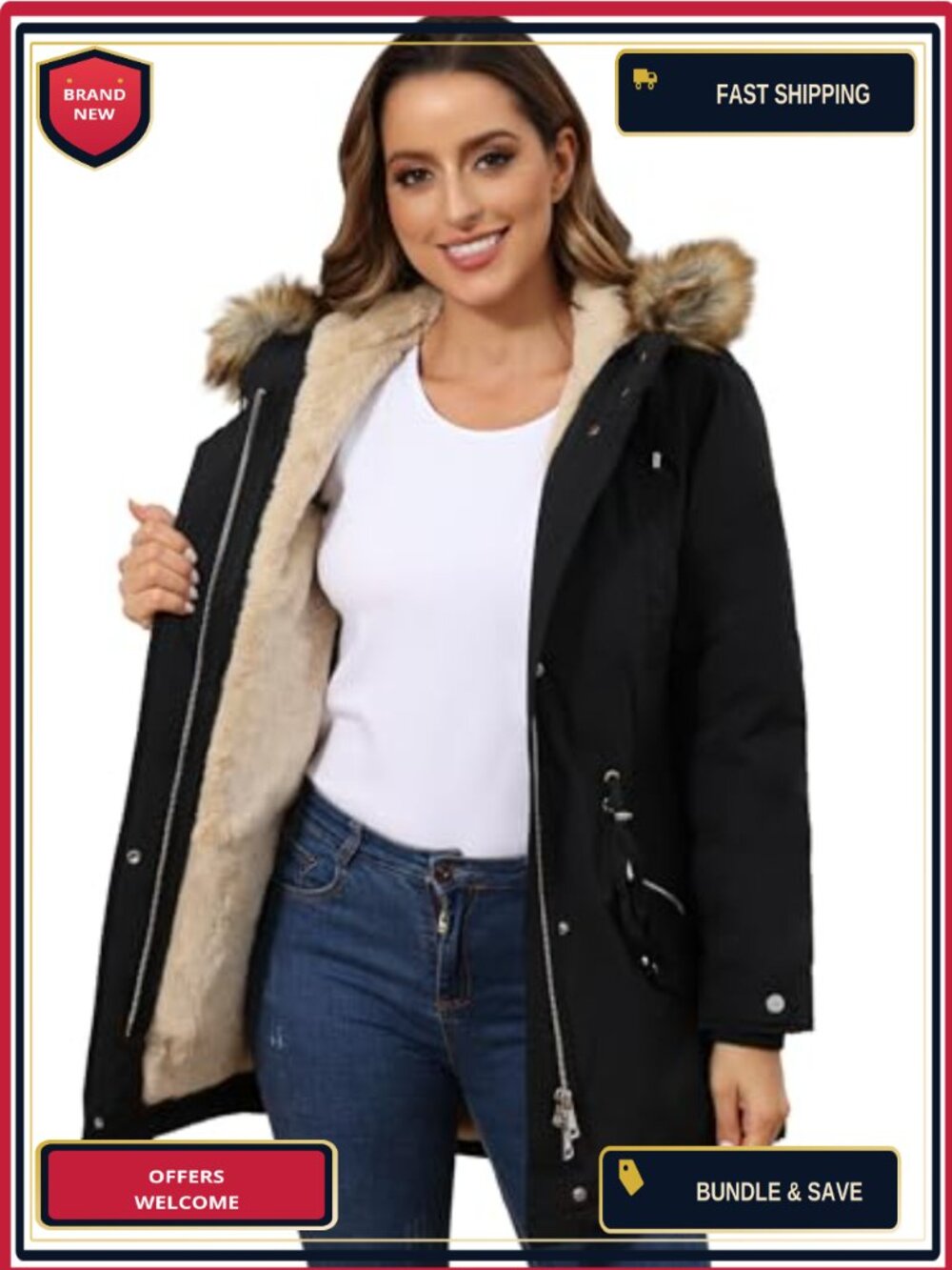 Women's Fleece Lined Parka Coat Hooded Long Winter Jacket with Pockets